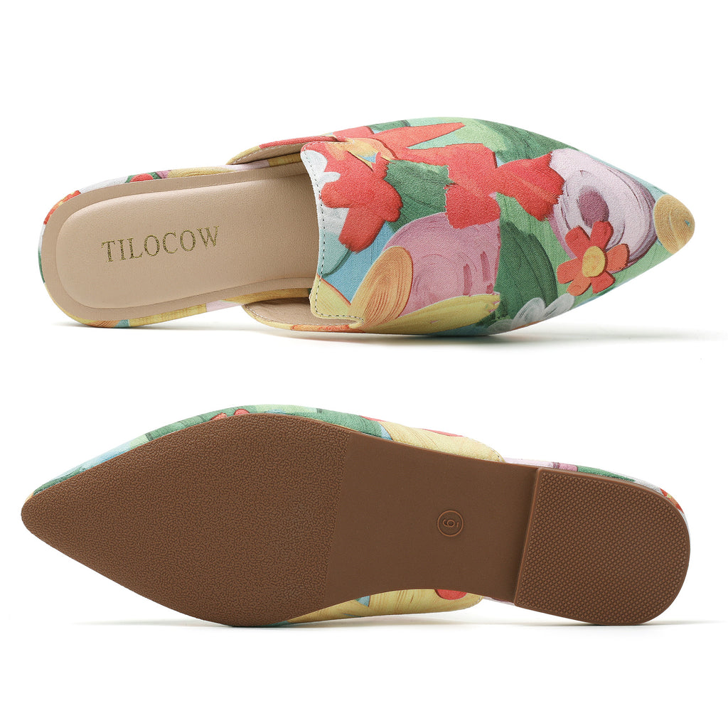TILOCOW 女士红色花卉平底穆勒鞋